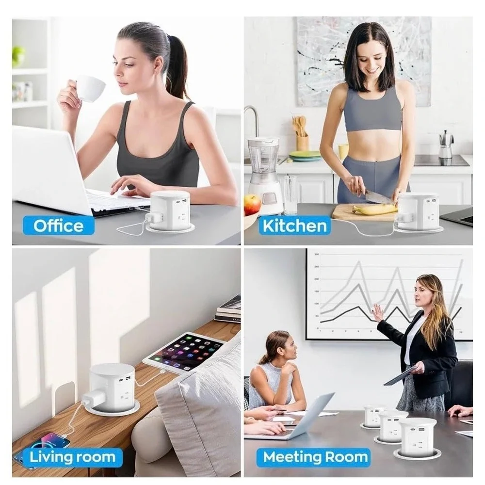 20A‎ 125V Pop Up Desk Countertop Outlet 15W Wireless Charger USB Ports White